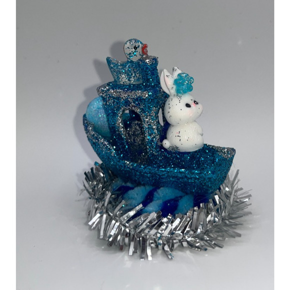 Miniature Easter Bunny Blue Silver Glittery Miniature Boat Duck Chick Egg OOAK - Picture 2 of 11